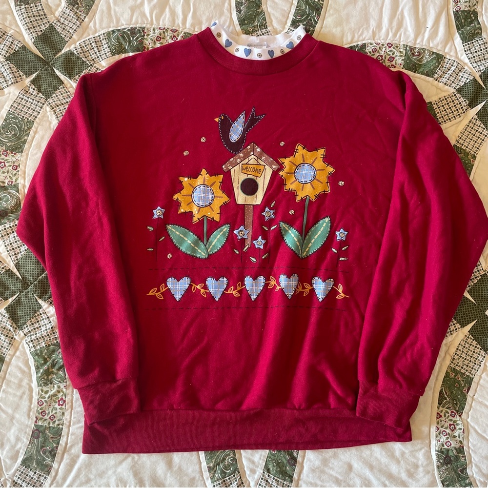 VTG Blair Red Birdhouse Sunflower Double Collar Sweatshirt Size Medium